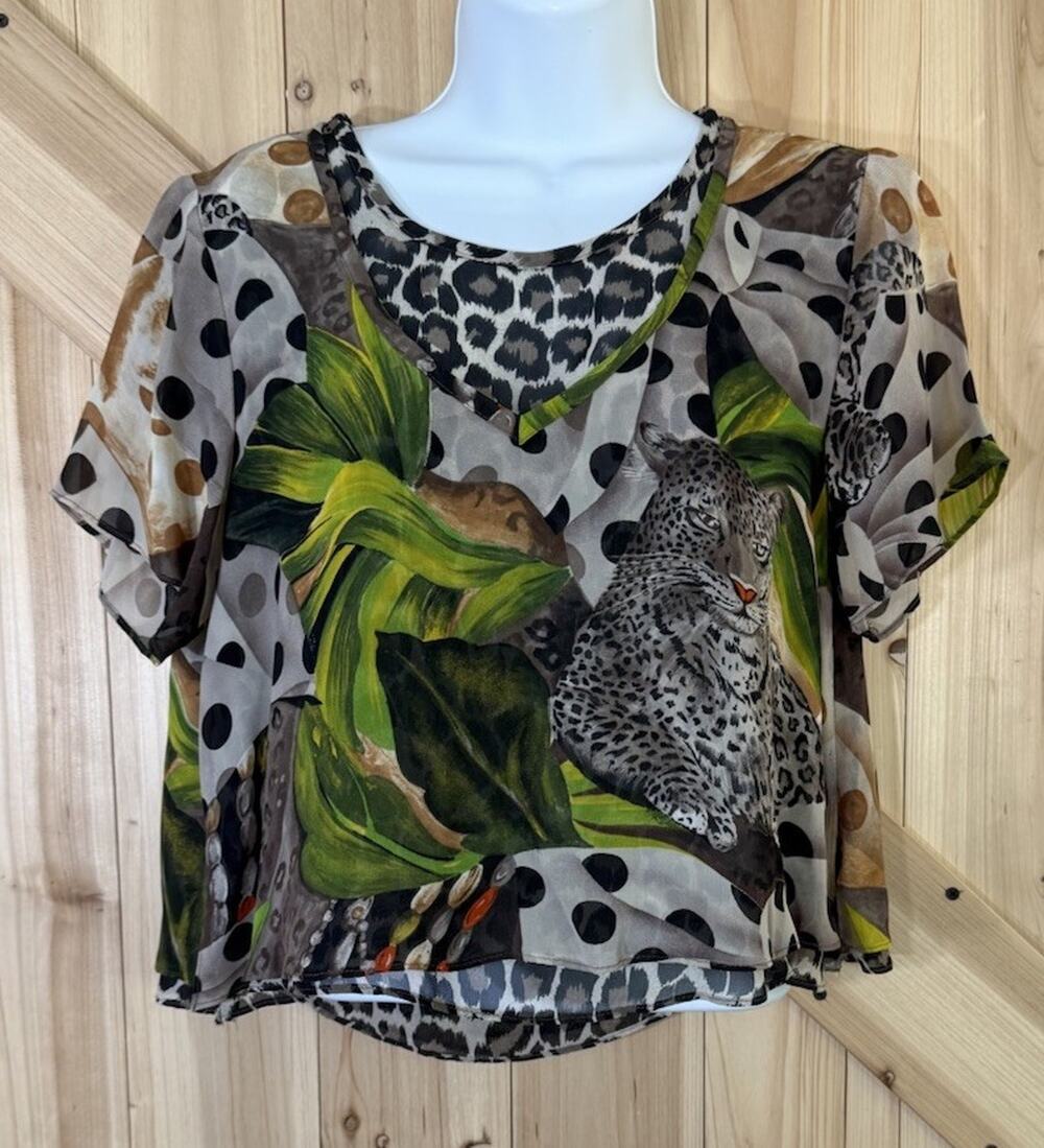 Vtg Dorothy Schoelen Platinum Leopard Art To Wear Artsy Boxy Crop Layered Top S